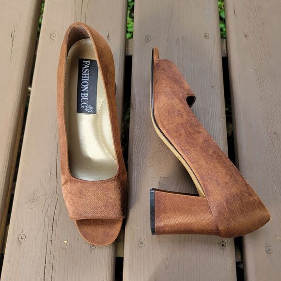 Vintage 90s y2k Fashion Bug Brown Satin Open Toe Chunky Formal Glam Heel Pumps 9 - Picture 8 of 8